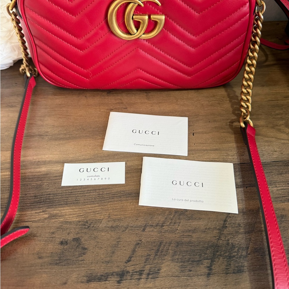 Authentic Gucci GG Marmont Matelasse Mini Camera Bag.Red Chevron Quilted Leather